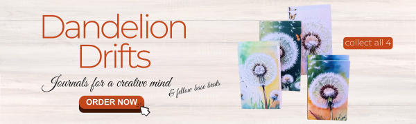 banner graphic for Dandelion Drifts - custom journals for creative entrepreneurs & fellow base brats