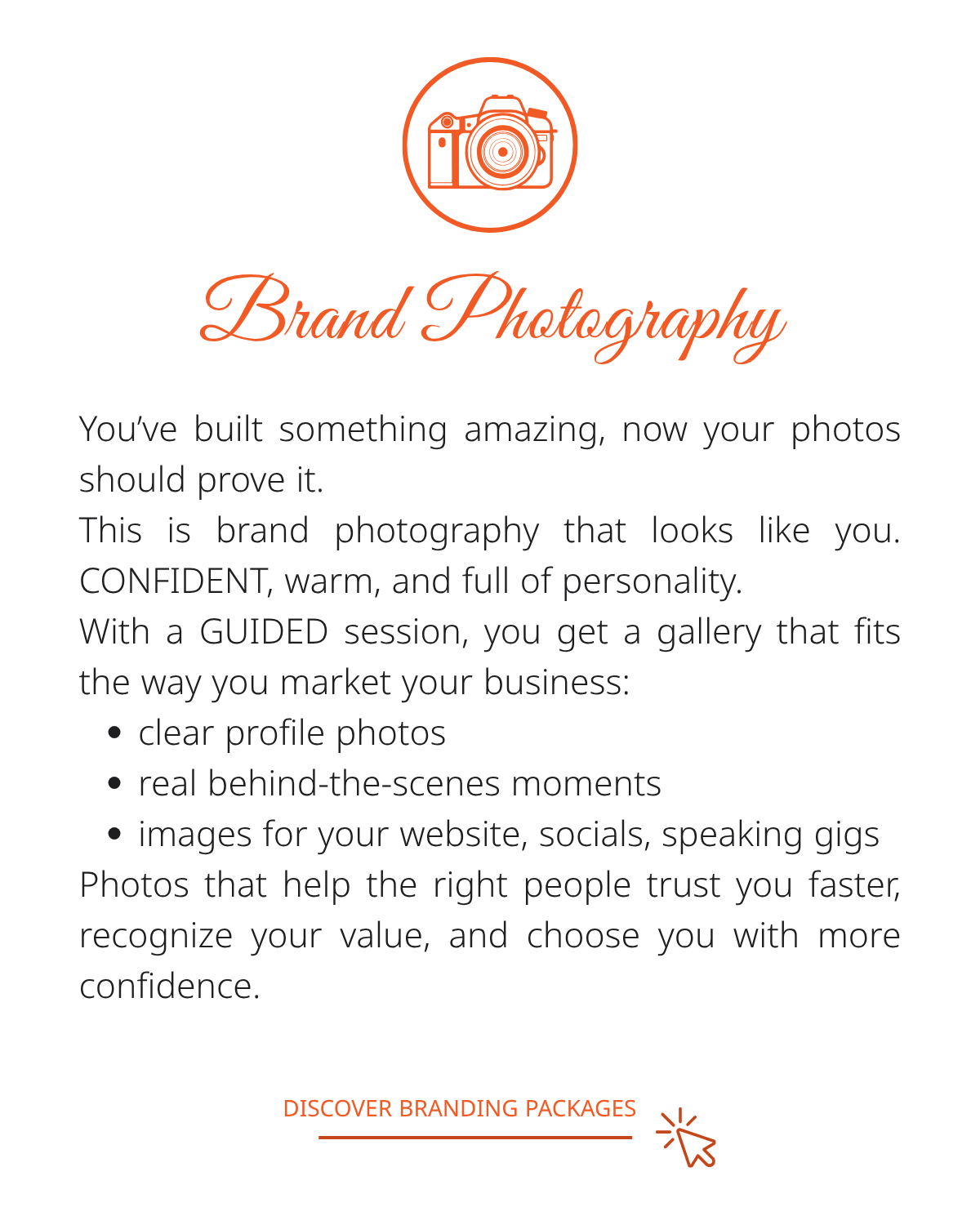 graphic with an orange camera and the description of brand photography for brands and entrepreneurs
