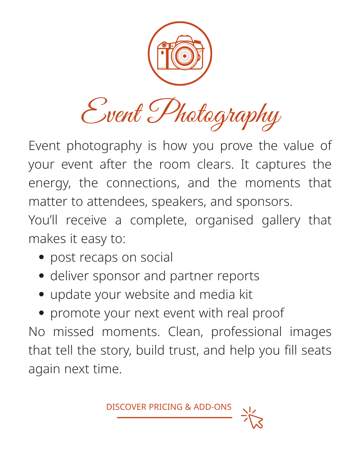 graphic with an orange camera and the description of event photography for brands and entrepreneurs