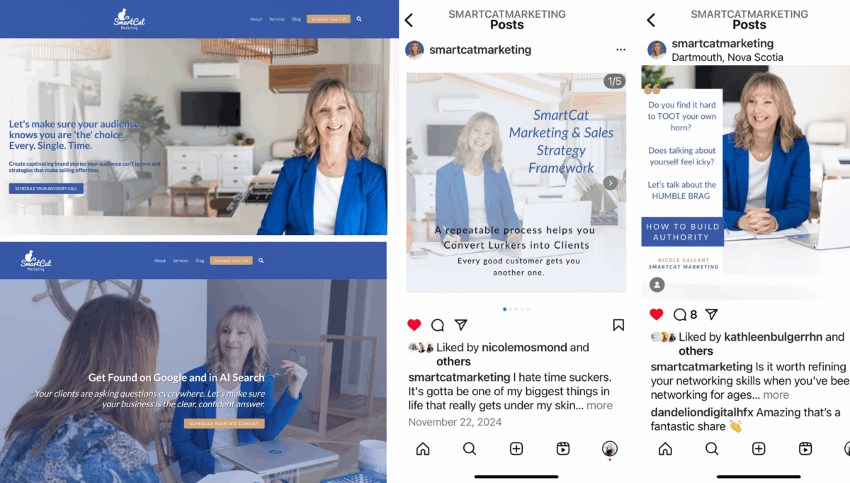 A 4 image grid of screenshoots showing images from branding minis in use on website and Instagram