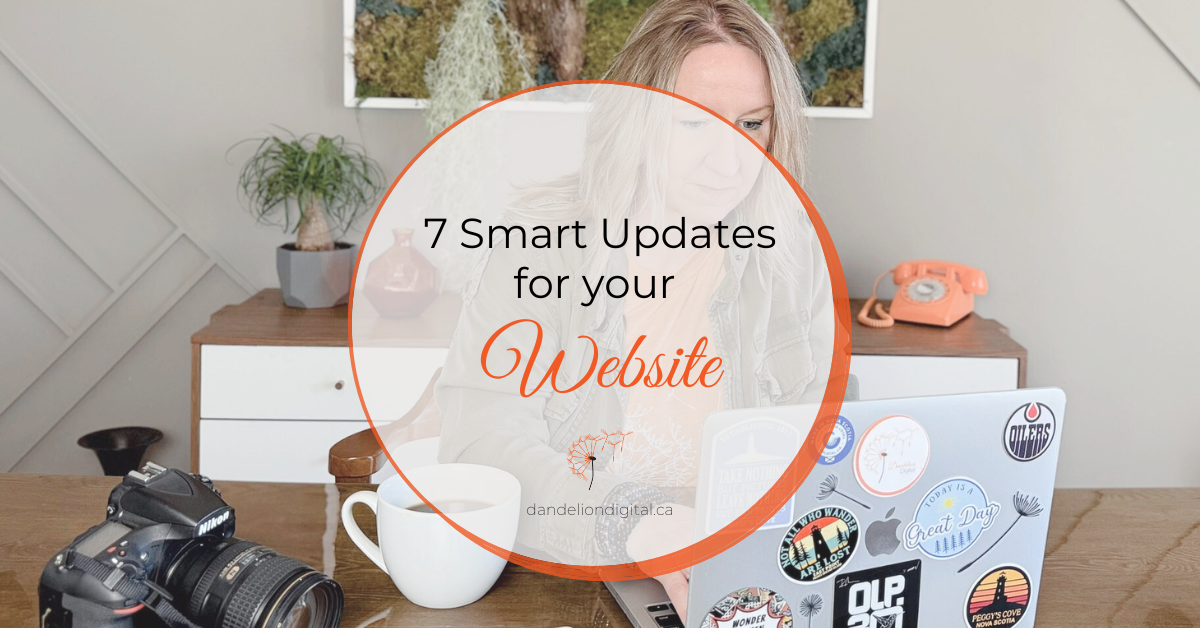 Woman working on laptop with camera and coffee mug on desk, featuring text overlay: “7 Smart Updates for your Website”