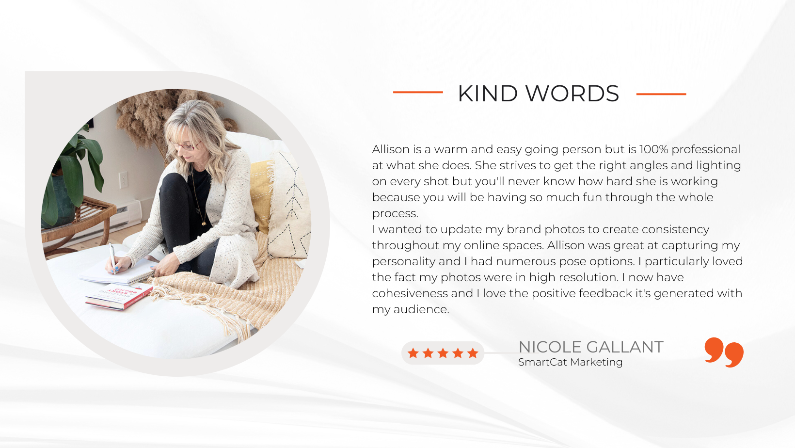 client feedback, testimonial for personal brand photography for business